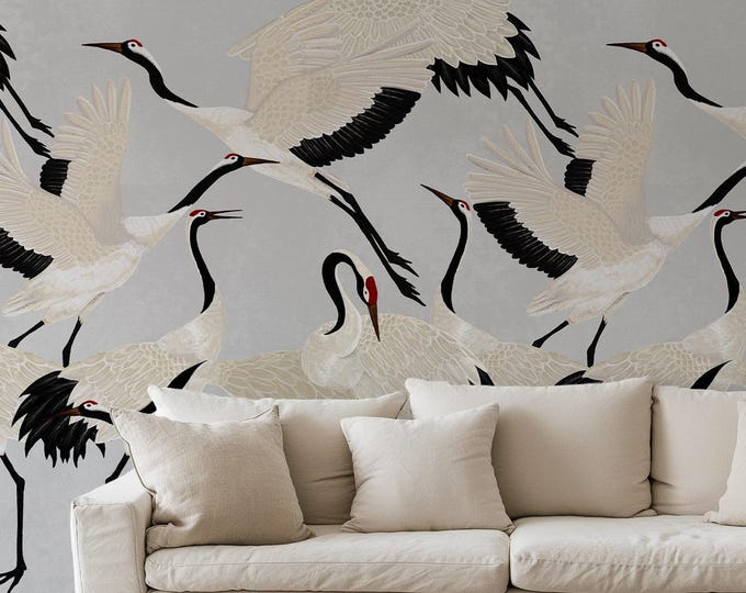 Gray Heron Print Wallpaper, Crane Wallpaper, Removable Wallpaper, Elegant Crane Dance Wallpaper, Graceful Bird Design
