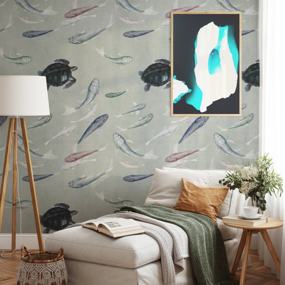 Japanese Koi Fish Wallpaper with turtle, Sea World Marine Wall Decor in Pastel Color, fish in pond Wall Art