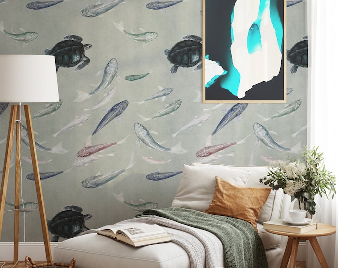 Japanese Koi Fish Wallpaper with turtle, Sea World Marine Wall Decor in Pastel Color, fish in pond Wall Art