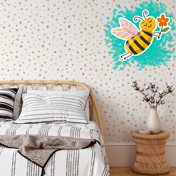 Gold Stars Wallpaper for Baby Nursery with White Background, Monochrome Star Celestial pattern Wall Art