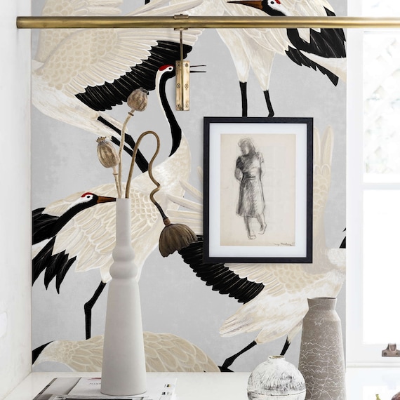 Japanese-inspired White Heron Wallpaper, Graceful and Calming Design for Your Home, Grey Heron Asian Wallpaper, Vintage Crane Birds Wall Art