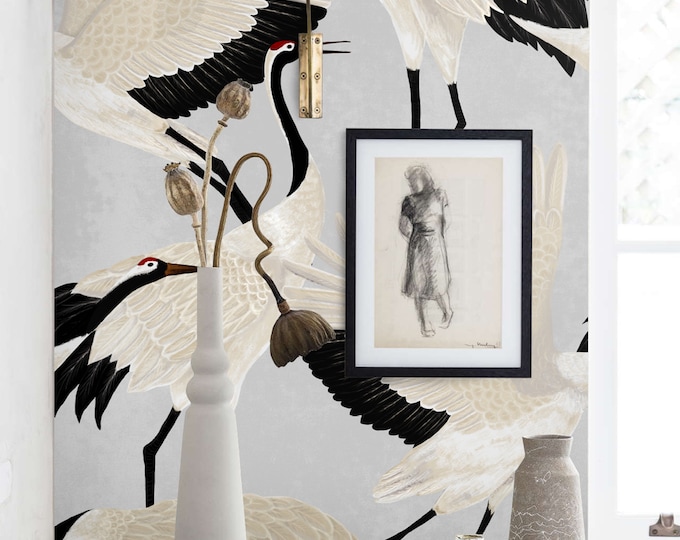 Japanese-inspired White Heron Wallpaper, Graceful and Calming Design for Your Home, Grey Heron Asian Wallpaper, Vintage Crane Birds Wall Art