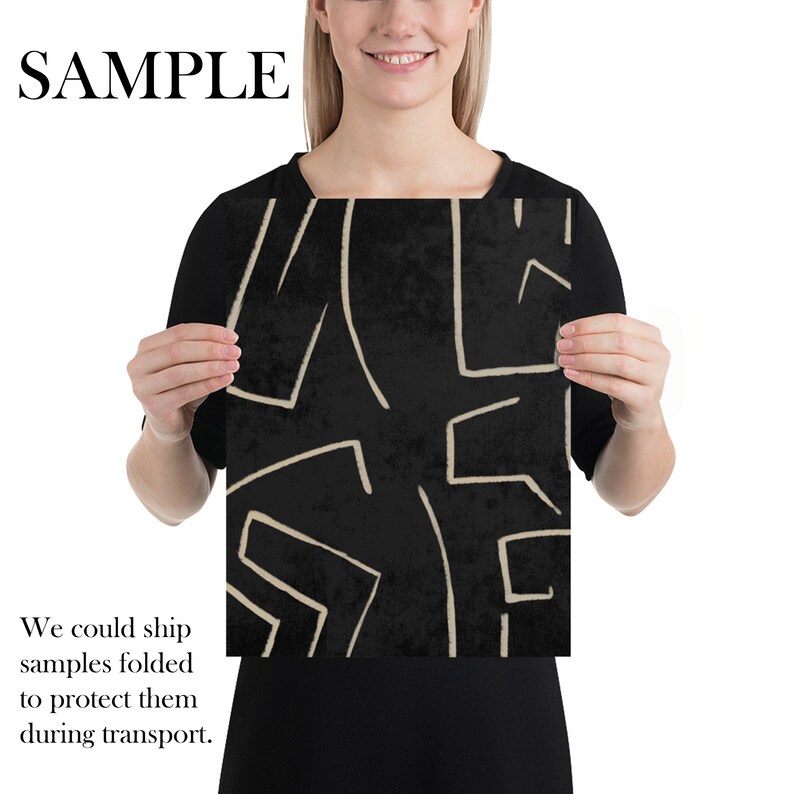 May include: A black and white abstract art print with a geometric pattern of lines and shapes. The print has a textured background and is framed in a white border.