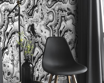 Black and White Malachite Section Geode Wallpaper, Aesthetic House Decor for Accent Wall
