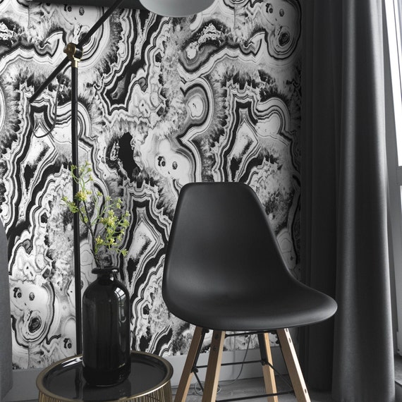 Black and White Malachite Section Geode Wallpaper, Aesthetic House Decor for Accent Wall