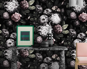 Dramatic Floral Wallpaper: White and Pink Flowers on Black Background, Peony Wallpaper for Dark Floral Mural