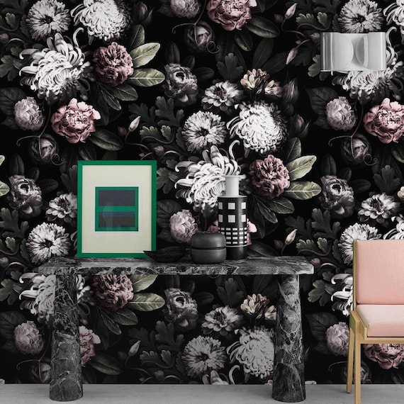 Dramatic Floral Wallpaper: White and Pink Flowers on Black Background, Peony Wallpaper for Dark Floral Mural