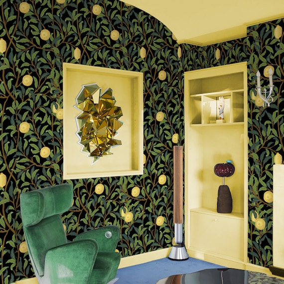 Lemons in foliage Kitchen Wallpaper, 18th Century Victorian Wall Art, Art Nouveau Wall Decore