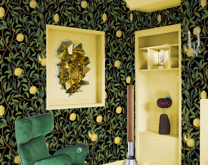 Lemons in foliage Kitchen Wallpaper, 18th Century Victorian Wall Art, Art Nouveau Wall Decore