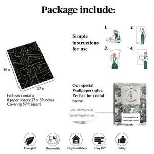 May include: Black and gold geometric wallpaper pattern with instructions for use, glue, and a description of the product. The wallpaper covers 59 square feet and comes in 8 sheets, each measuring 27 inches by 39 inches.