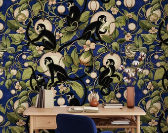 Playful Monkeys and Lanterns Wallpaper in blue- Whimsical Jungle Theme - WALLPAPERS4BEGINNERS