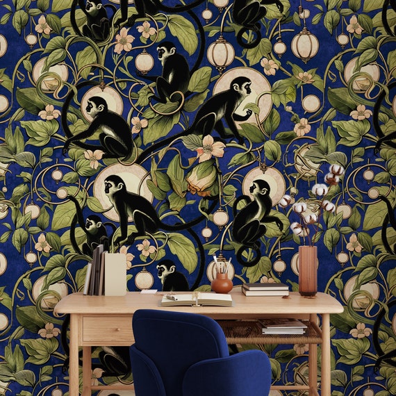 Playful Monkeys and Lanterns Wallpaper in blue- Whimsical Jungle Theme - WALLPAPERS4BEGINNERS