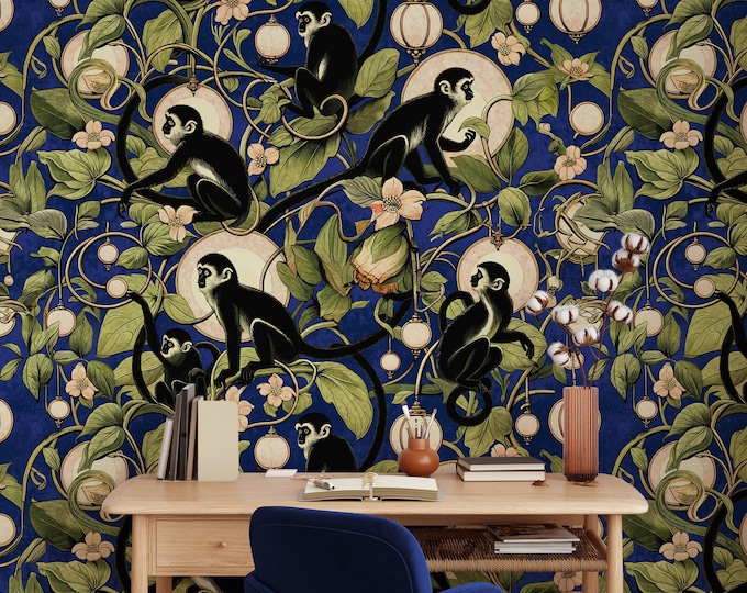 Playful Monkeys and Lanterns Wallpaper in blue- Whimsical Jungle Theme - WALLPAPERS4BEGINNERS