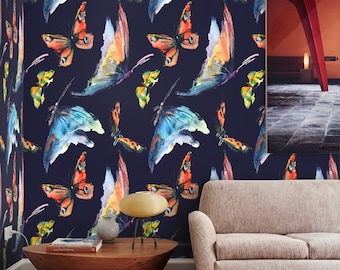 Butterfly Wallpaper for Kids Room, Watercolor Blue Nursery Wall Art, Butterflies Decor, Baby Room Removable Wallpaper