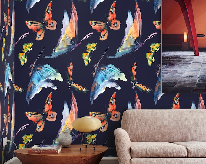 Butterfly Wallpaper for Kids Room, Watercolor Blue Nursery Wall Art, Butterflies Decor, Baby Room Removable Wallpaper