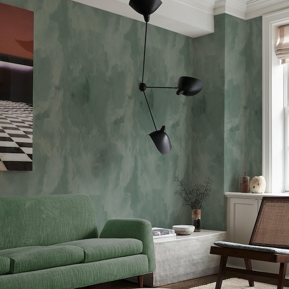 Dark Aquarelle Green Brushstrokes Wallpaper, Industrial Concrete Modern Grunge Venetian Plaster Wall Decor