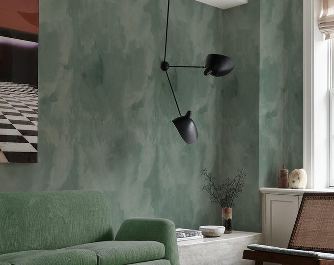 Dark Aquarelle Green Brushstrokes Wallpaper, Industrial Concrete Modern Grunge Venetian Plaster Wall Decor