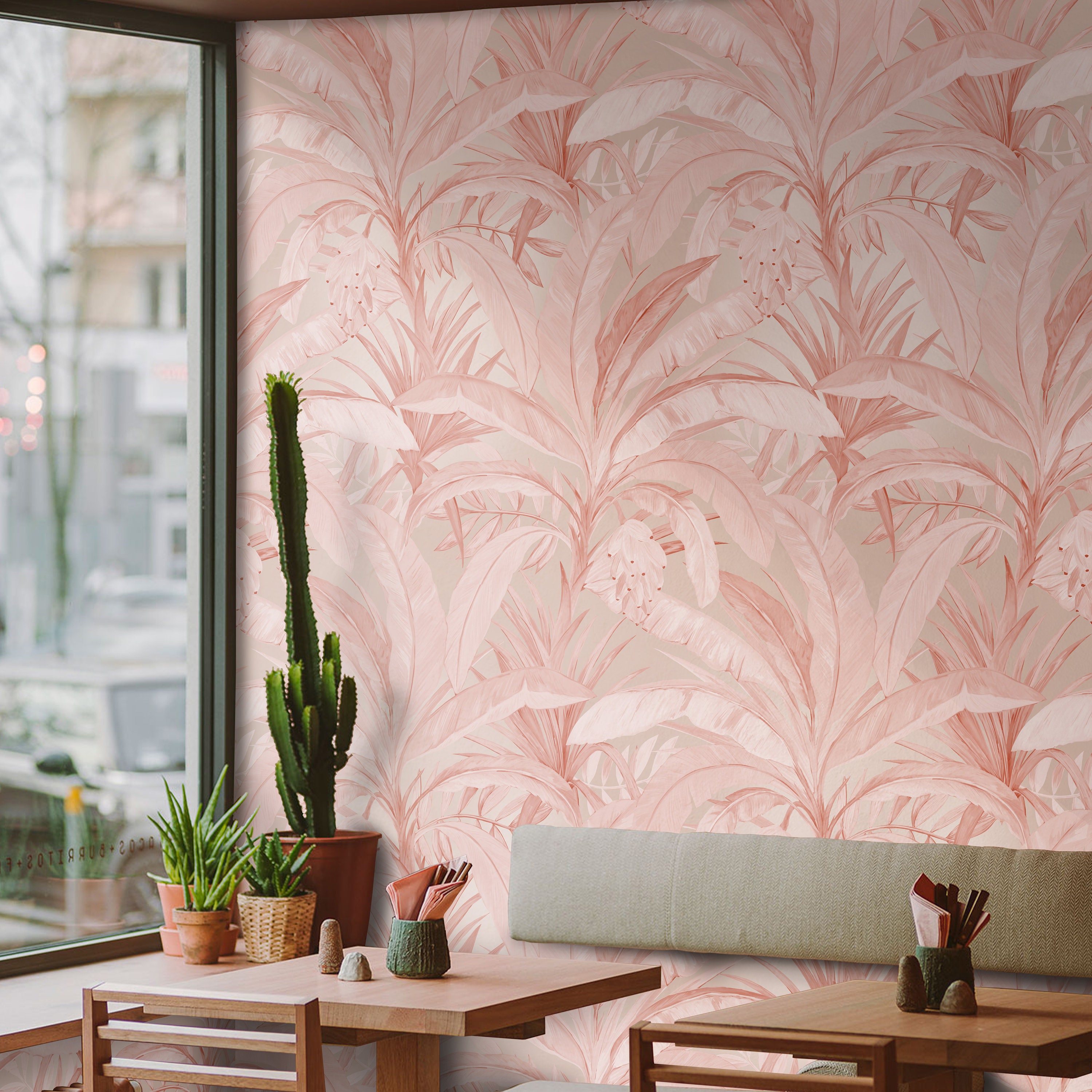 Add a Touch of Tropical Charm with this Pink Banana Leaf Wallpaper
