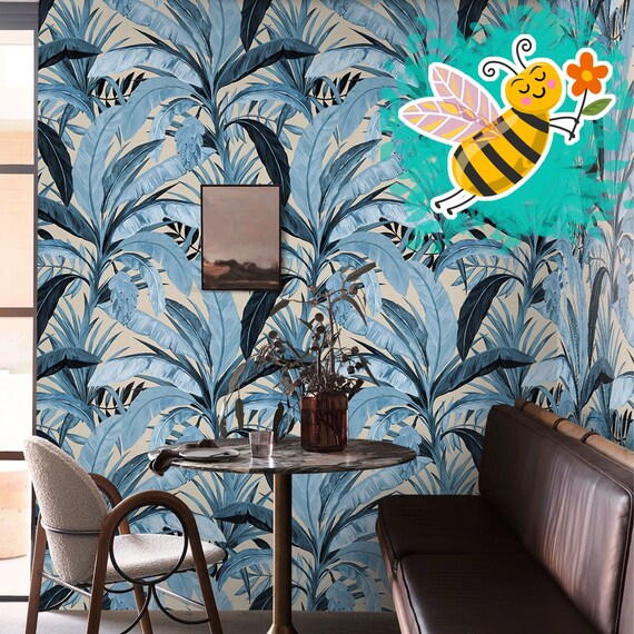 Aesthetic Light Blue Jungle Wallpaper, Banana Leaves Wall Decore for Cobalt Blue Decor