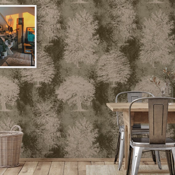 Minimal Tree Forest Natural Tones Removable Wallpaper, Eco Friendly Wall Woodland Home Decor, Cottage Wall Art