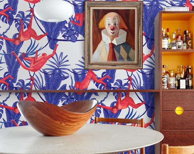 Monkey Decor Safari Wallpaper, Colorful Wallpaper for Tropical Themed Kids Room