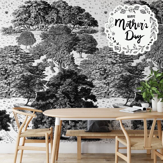Extra Large Black and White Vintage Tree Forest, Trees Wall Mural, Black Forest Woodland Landscape Wall Art