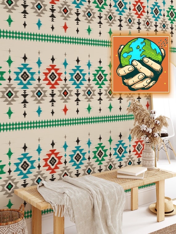 Moroccan Ikat Tribal Wallpaper, Bali Boho for Traditional Decor, Boho Wall Art