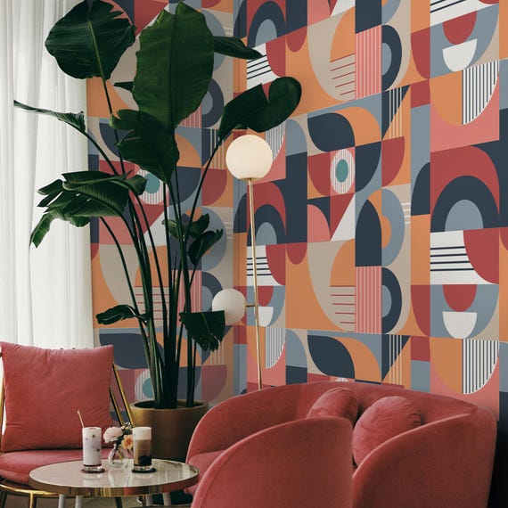 Bauhaus Geometric Wallpaper – Vintage Mid Century Modern Retro Wall Art, Abstract Print Decor