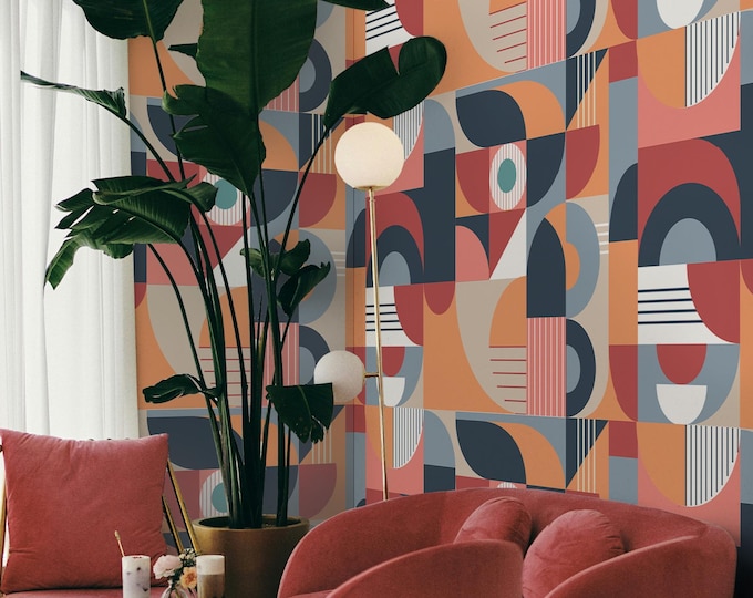 Bauhaus Geometric Wallpaper – Vintage Mid Century Modern Retro Wall Art, Abstract Print Decor