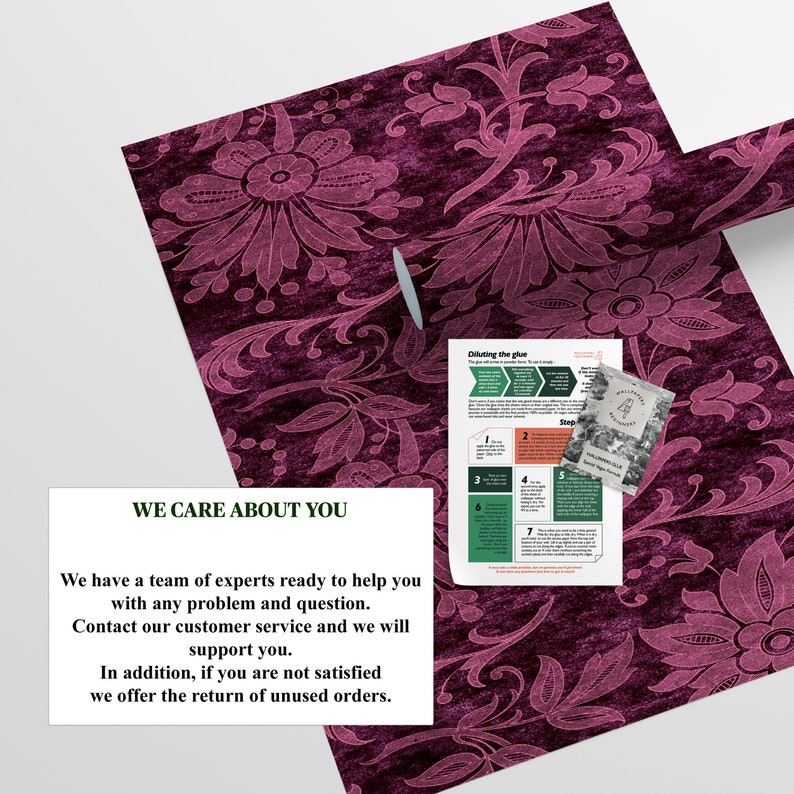 K&ouml;nnte beinhalten: Ein violetter Stoff mit floralem Muster und einem wei&szlig;en Textfeld, in dem "We care about you" steht. Das Textfeld enth&auml;lt Informationen &uuml;ber den Kundenservice und R&uuml;ckgaben. Au&szlig;erdem ist ein wei&szlig;es Blatt Papier mit Anweisungen zum Verd&uuml;nnen von Klebstoff zu sehen.