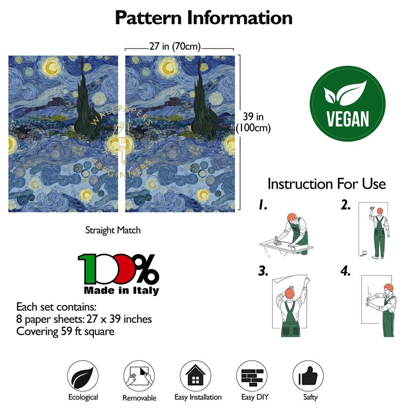 May include: A set of 8 wallpaper sheets featuring a starry night sky with a cypress tree and a village in the distance. The wallpaper is made in Italy and is 27 inches wide by 39 inches tall. The wallpaper is removable, easy to install, and easy to DIY. It is also ecological and safe.