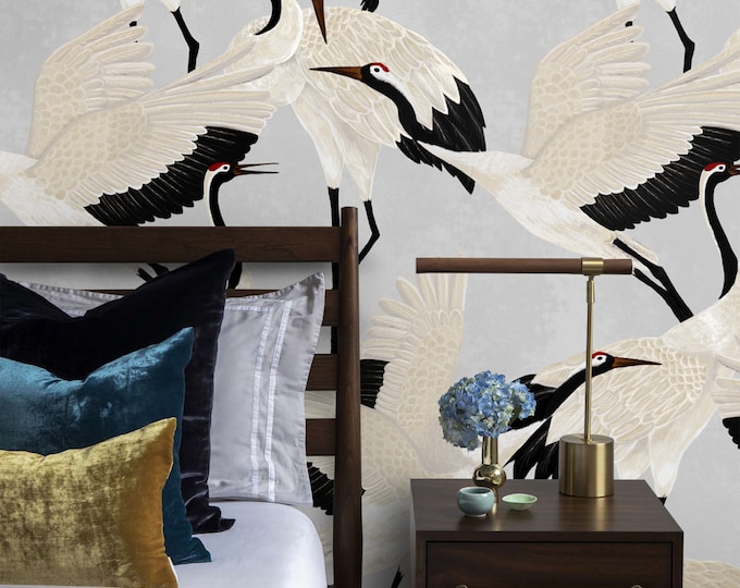 Grey Heron Asian Wallpaper, Vintage Crane Birds Wall art, Chinoiserie print Removable Wall Decor