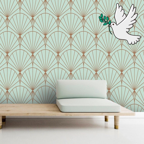 Vintage Inspired Art Déco Wallpaper, Golden Folding Fan Light Blue Wallpaper