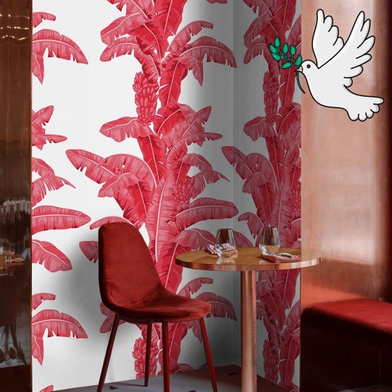 Tropical Palm Leaf Wallpaper in Red and White, Banana Leaves Decor Accent Feature Wall