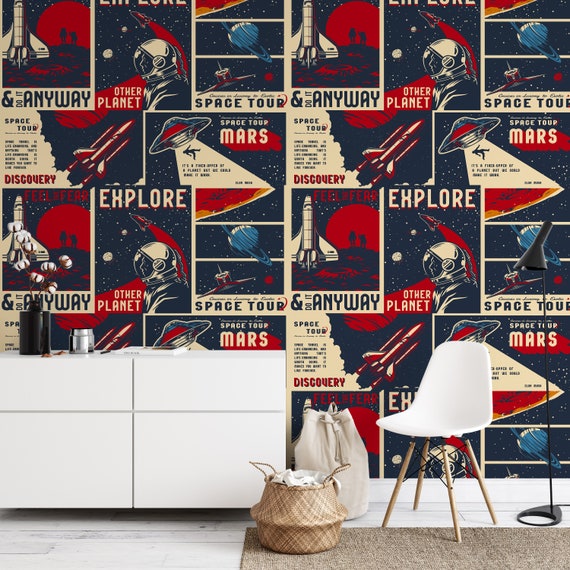 Retro Space Illustration Wallpaper, NASA Wall Decor with Astronauts, Space Shuttle Wall Art