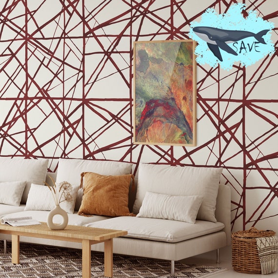 Red and White Modern Stripes Shibori Wallpaper, Colorful Red Brush Strokes Wall Decor Abstract Lines