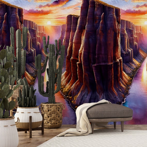 Watercolor Grand Canyon Sunset Wallpaper - Breathtaking Landscape Art for Home Decor & Design