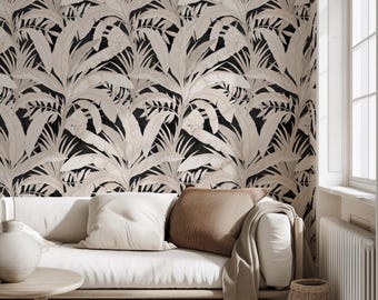 Black Tropical Wallpaper, Neutral Banana Leaf Mural, Removable Wall Decal Nature-Inspired Decor