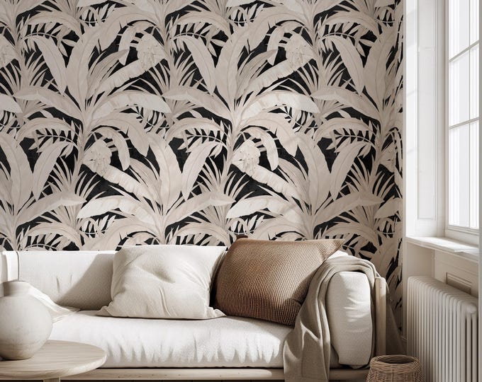 Black Tropical Wallpaper, Neutral Banana Leaf Mural, Removable Wall Decal Nature-Inspired Decor