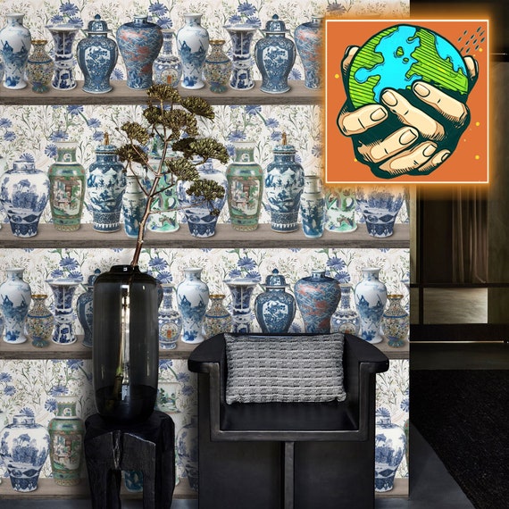 Chinoiserie Wallpaper with Ming Vases, Elegant Chinese Vase Wallpaper, Exquisite Oriental Decor, Premium Blue and White Vintage Wall Decor