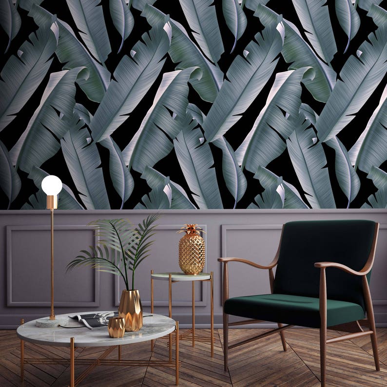Tropisch behang met zwarte bladeren, muurkunst palmprint voor Dark Tropical Decor afbeelding 3