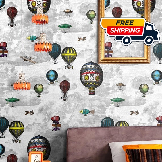 Hot Air Balloons Wallpaper with Vintage Airships, Vintage Illustration Cloudy Sky for Feature Wall