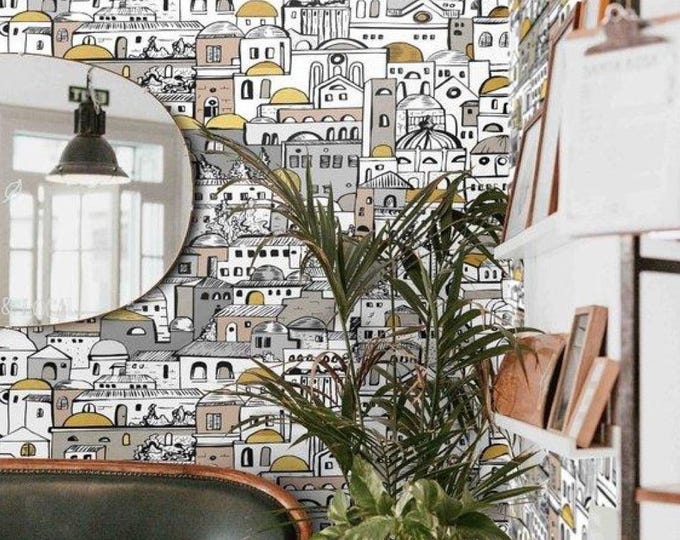 Mediterranean Cityscape Wallpaper, Vintage Italian Village Wallpaper in Black and White for Living Room