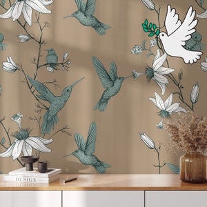 Floral Hummingbird wallpaper, Vintage Flowers and Birds, Sparrow blue and white Wall Decor on beige backgroiund