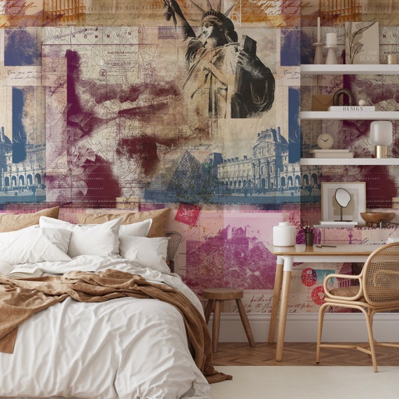 Vintage American Map Wallpaper, Extra Large Wall Mural, Rustic Travel Map Wallpaper for Living Room