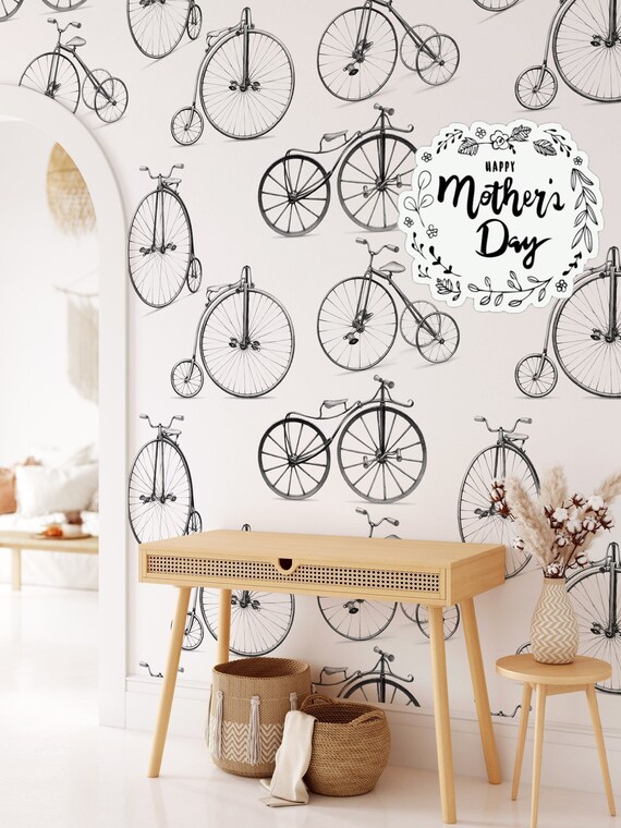 High Wheeler Vintage Wallpaper, Penny Farthing Retro Wall Decor in Black and White