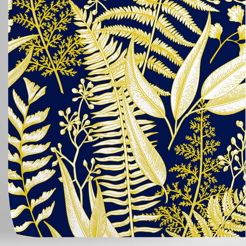 May include: A seamless pattern featuring gold and white botanical illustrations of ferns, leaves, and flowers on a dark blue background.