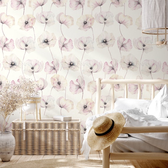 Watercolor Peony Wallpaper, Soft Pink and White Flowers Wall Mural, Blush Peonies Wallpaper