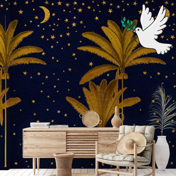 Golden Palm Trees Night Sky Wallpaper, Starry Tropical Decor, Arabian Nights Art Palm Tree Wall Decor