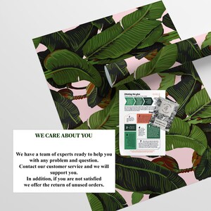 May include: A pink and green tropical leaf patterned wallpaper roll with instructions for diluting glue. The text on the roll reads "We care about you. We have a team of experts ready to help you with any problem and question. Contact our customer service and we will support you. In addition, if you are not satisfied we offer the return of unused orders."